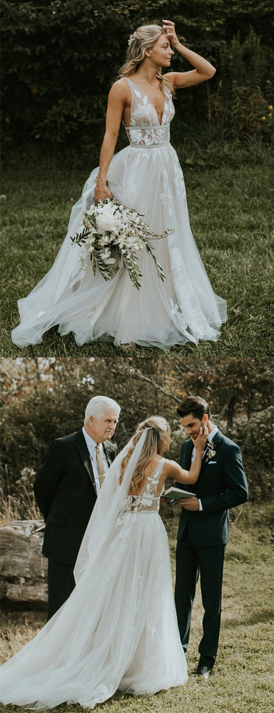 See Through Lace Ivory Tulle V-neck V-back Beach Wedding Dresses,DB0160