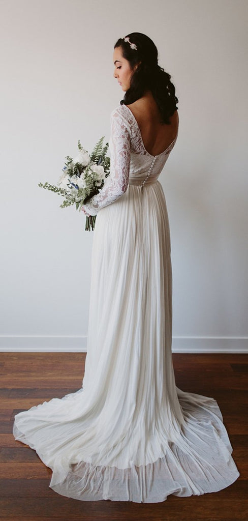 See Through Lace Long Sleeve Ivory Chiffon Beach Wedding Dresses,DB0183