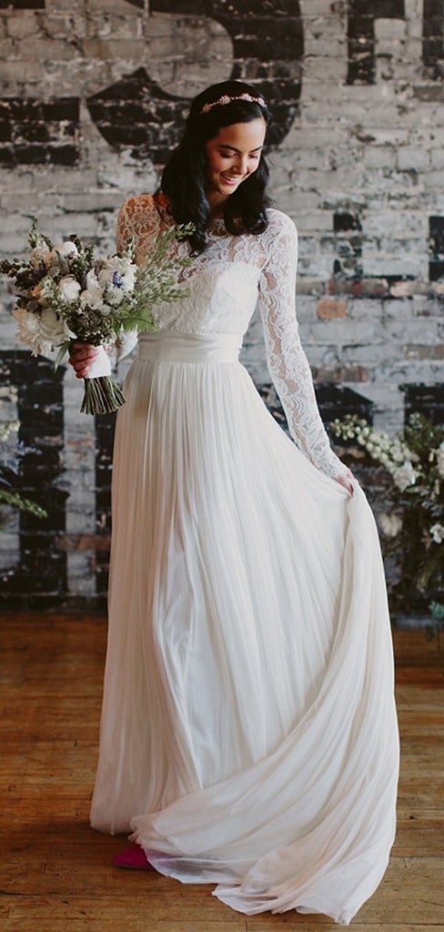 See Through Lace Long Sleeve Ivory Chiffon Beach Wedding Dresses,DB0183