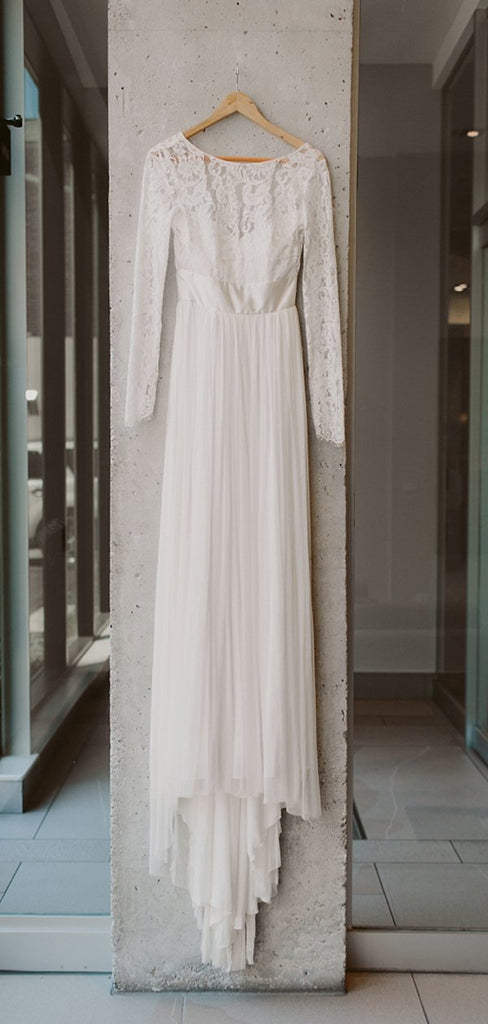 See Through Lace Long Sleeve Ivory Chiffon Beach Wedding Dresses,DB0183