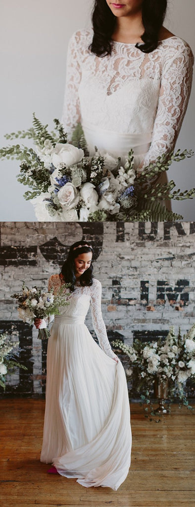 See Through Lace Long Sleeve Ivory Chiffon Beach Wedding Dresses,DB0183