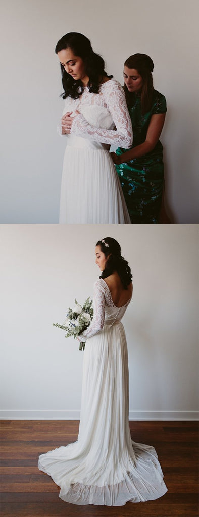 See Through Lace Long Sleeve Ivory Chiffon Beach Wedding Dresses,DB0183