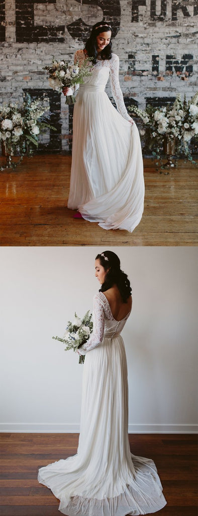 See Through Lace Long Sleeve Ivory Chiffon Beach Wedding Dresses,DB0183