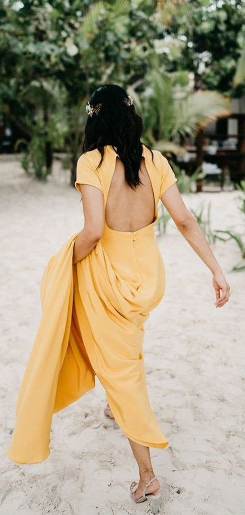 Bright Yellow Short Sleeve Front Slit Sheath Long Bridesmaid Dresses ,PB1068