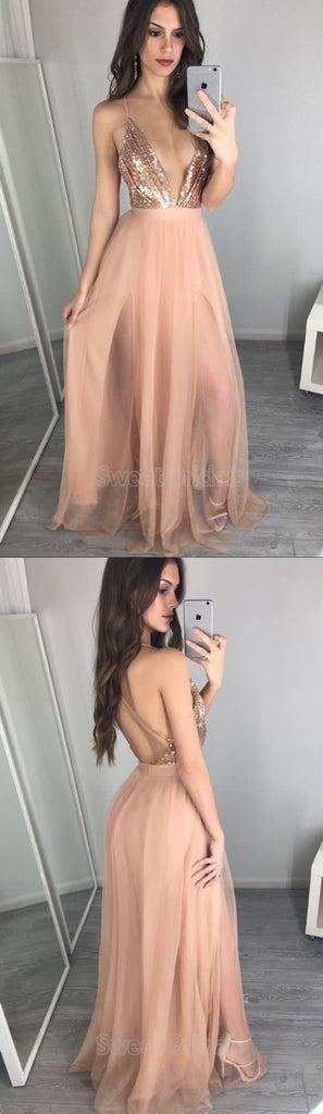 Sparkle Sequin Top Deep V-Neck Backless Spaghetti Strap Tulle Long Evening Prom Dresses,SW0061