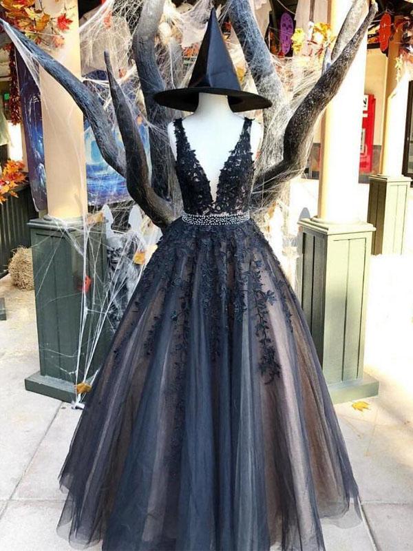 Tulle Black Lace Applique A-line V-neck Long Prom Dress DPB152 –  sweetbridals