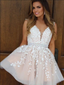Elegant V Neck Sleeveless Open Back Lace A Line Short Homecoming Dress, BTW166