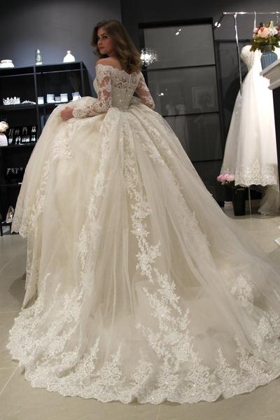 Gorgeous Off The Shoulder Long Sleeves Ball Gown Lace Wedding Dresses ,MD371