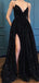 Popular Spaghetti Straps V Neck Side Slit A Line Black Sequin Long Prom Dresses, MD440