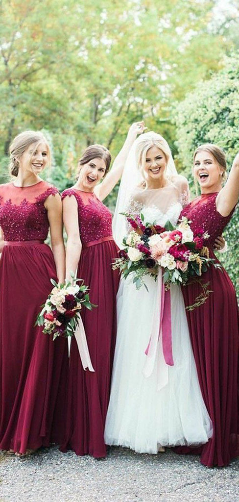 Pretty Lace Top Burgundy A Line Chiffon Short Sleeves Long Bridesmaid Dresses, SW1054