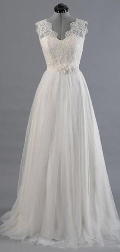 Pretty A Line Lace Top V Neck Sleeveless Long Splendid Wedding Dresses ,MD377