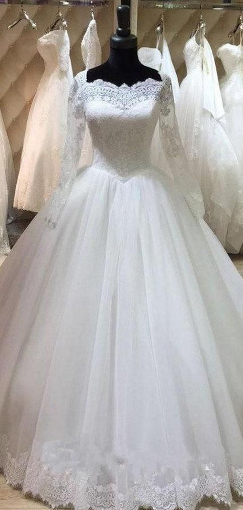 Pretty Long Sleeves Lace Tulle Floor Length A Line Long Wedding Dresses ,MD433