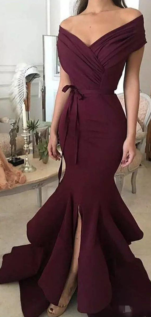 Unique Off The Shoulder V Neck Sweep Trailing Satin Mermaid Long Prom Dress, MD426