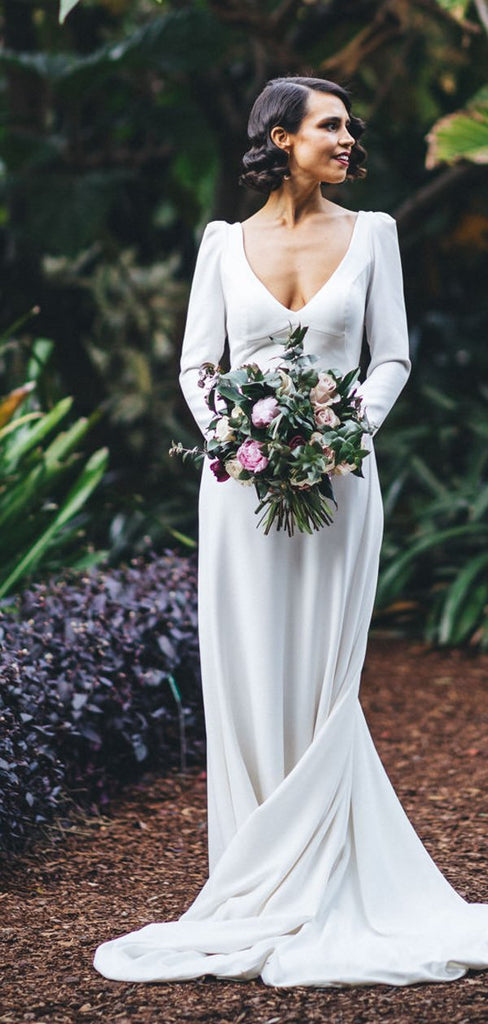 White Satin Long Sleeve V-neck With Train Simple Wedding Dresses,DB0164
