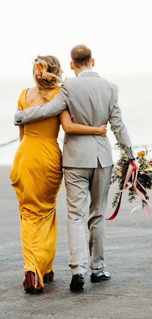 Yellow Short Sleeve Front Slit A-line Long Bridesmaid Dresses,PB1071