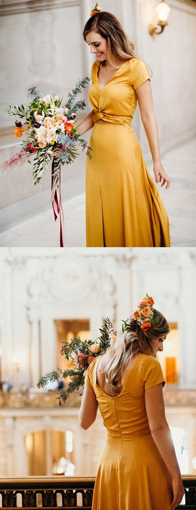 Yellow Short Sleeve Front Slit A-line Long Bridesmaid Dresses,PB1071