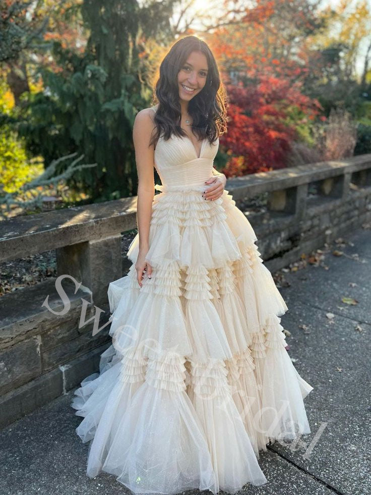 Elegant V-neck  Sleeveless Simple A-line Long Prom Dress,SW1953