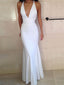 Charming White Halter Deep V-Neck Backless Mermaid Floor Length Evening Prom Dresses, SW0044