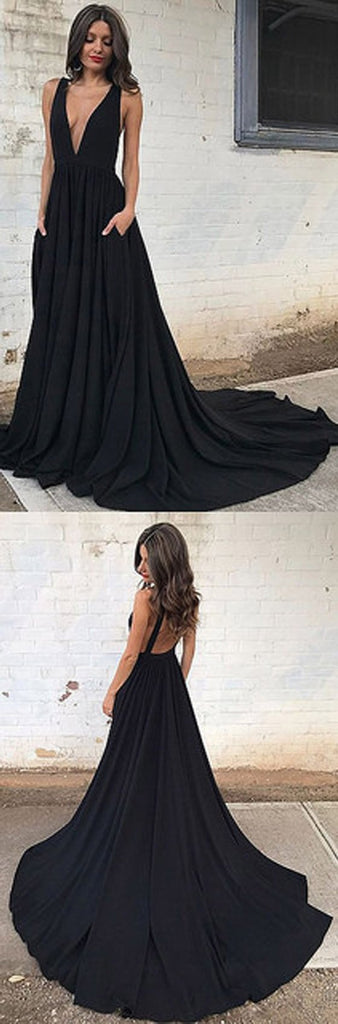 A-Line Deep V-Neck Court Train Sleeveless Backless Black Long Evening Prom Dresses, BW0076
