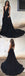 A-Line Deep V-Neck Court Train Sleeveless Backless Black Long Evening Prom Dresses, BW0076