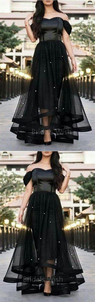 Pretty Black Off the Shoulder Beaded Organza Long Evening Prom Dresses, BW0601