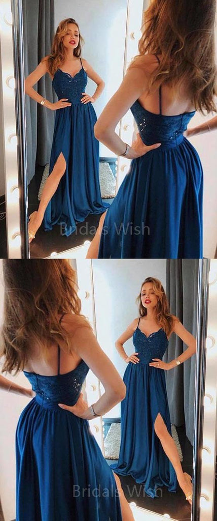 Elegant Spaghetti Strap Lace Top Side Slit Long Evening Prom Dresses, BW0604