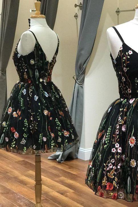 Unique Spaghetti Strap Black Lace A Line Short Homecoming Dress, BTW192
