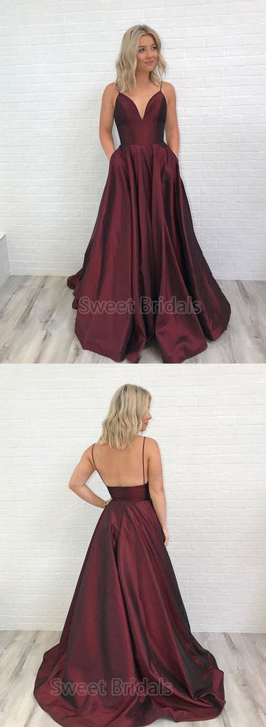 Affordable Burgundy Spaghetti Strap V-Neck Open Back Floor Length Evening Prom Dresses, SW0064