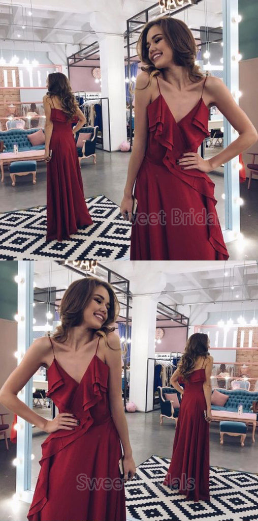 Pretty A-Line Burgundy Spaghetti Strap V-Neck Floor Length Evening Prom Dresses, SW0074