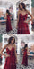 Pretty A-Line Burgundy Spaghetti Strap V-Neck Floor Length Evening Prom Dresses, SW0074