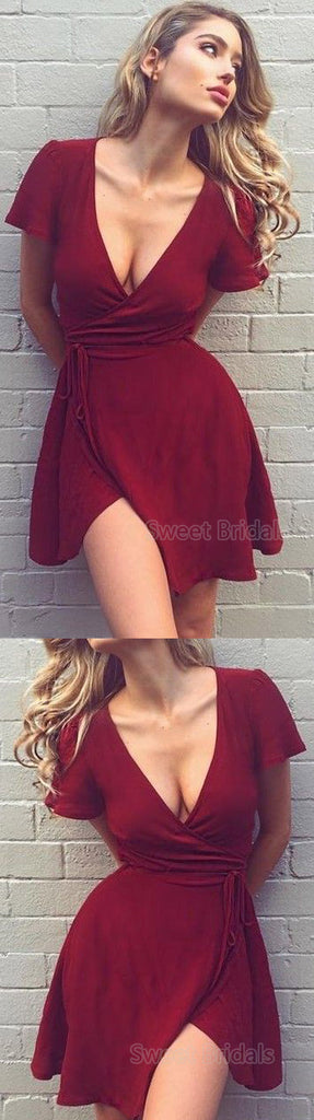 A-Line V-Neck Burgundy Chiffon Short Homecoming Dresses, SW0002