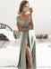 Gorgeous Sage Green Off the Shoulder V-Neck Side Slit Floor length Evening Prom Dresses, SW0030