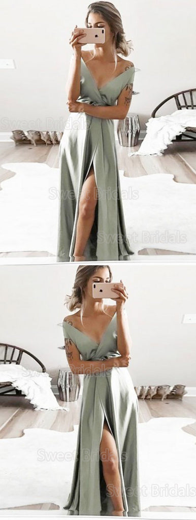 Gorgeous Sage Green Off the Shoulder V-Neck Side Slit Floor length Evening Prom Dresses, SW0030