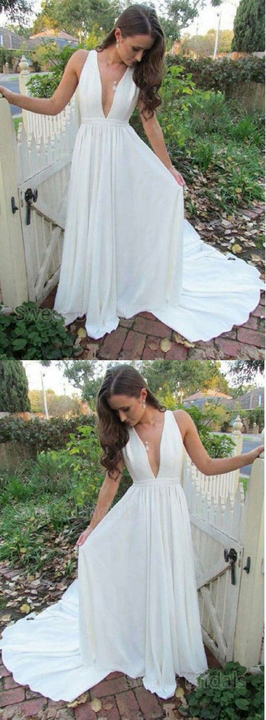 Pretty White Deep V-Neck Open Back Sweep Train Evening Prom Dresses, SW0043