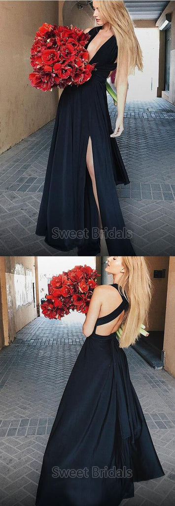 Gorgeous Black Deep V-Neck Open Back Side Slit Long Evening Prom Dresses, SW0040