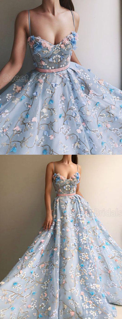Charming Flower Applique Sky Blue Spaghetti Strap Long Evening Prom Dresses, SW0067