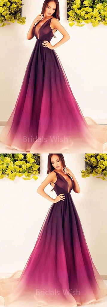 Gradient Burgundy Deep V-Neck Sleeveless Long Evening Prom Dresses, BW0595