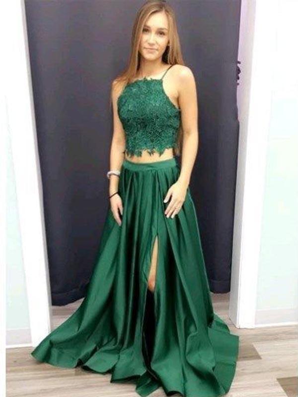 2 Pieces Green Lace Top Side Slit Long Evening Prom Dresses, BW0606