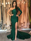 Modern Emerald Green One Shoulder Long Sleeve Side Slit Long Evening Prom Dresses, SW0075