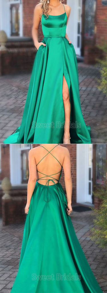 Inexpensive Green Spaghetti Strap Open Back Side Slit Floor Length Evening Prom Dresses, SW0066