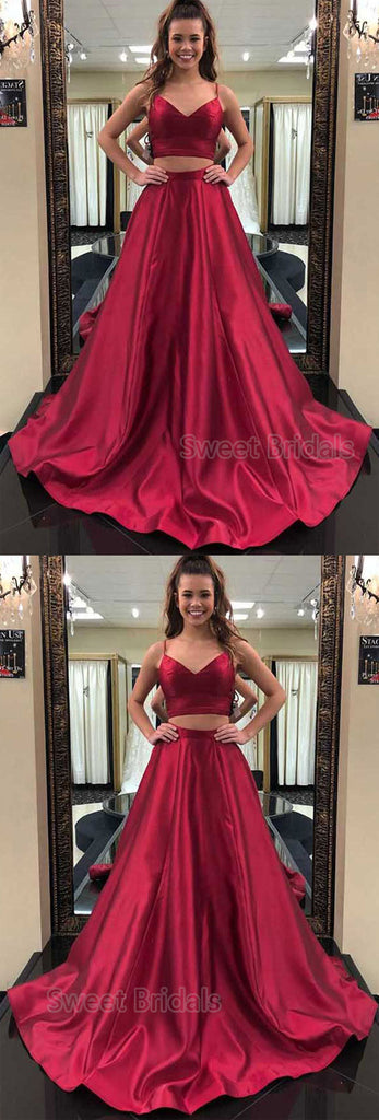 Elegant Burgundy Satin Spaghetti Strap V-Neck Sweep Train Evening Prom Dresses, SW0052