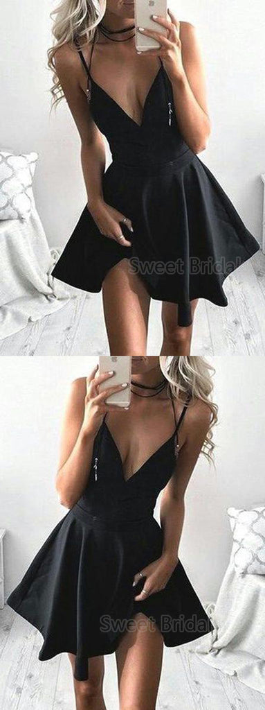 Sexy Black Spaghetti Strap Deep V-Neck Short Homecoming Dresses, SW0007