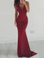 Charming Burgundy Open Back Spaghetti Strap Deep V-Neck Mermaid Evening Prom Dresses, SW0053
