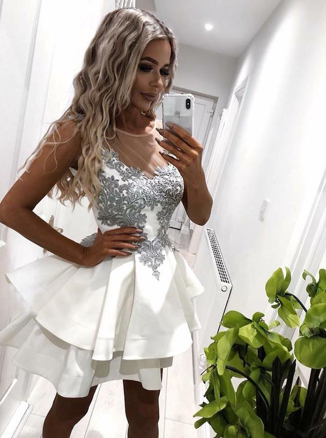 Gorgeous Round Neck Lace Applique Satin A Line Short Homecoming Dress, BTW262