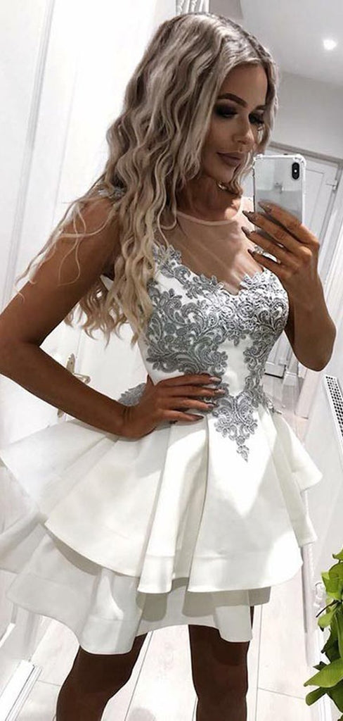 Gorgeous Round Neck Lace Applique Satin A Line Short Homecoming Dress, BTW262
