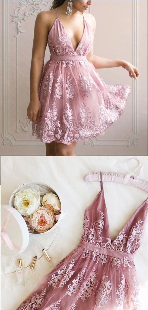 Elegant Dusty Rose V Neck Lace A Line Short Homecoming Dresses, BTW273