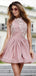 Fashion Round Neck Lace Applique Satin A Line Short Homecoming Dress, BTW282