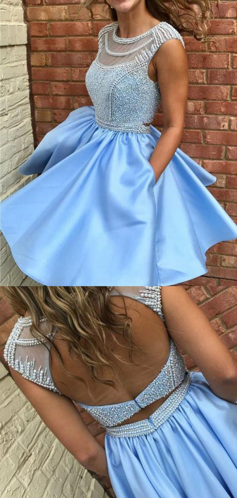 Gorgeous Round Neck Open Back Beaded A Line Short Homecoming Dress, BTW252