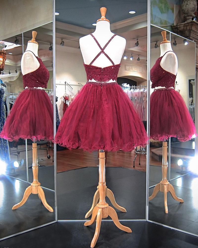 Two Pieces Lace Top Criss-cross Tulle A Line Short Homecoming Dress, BTW233