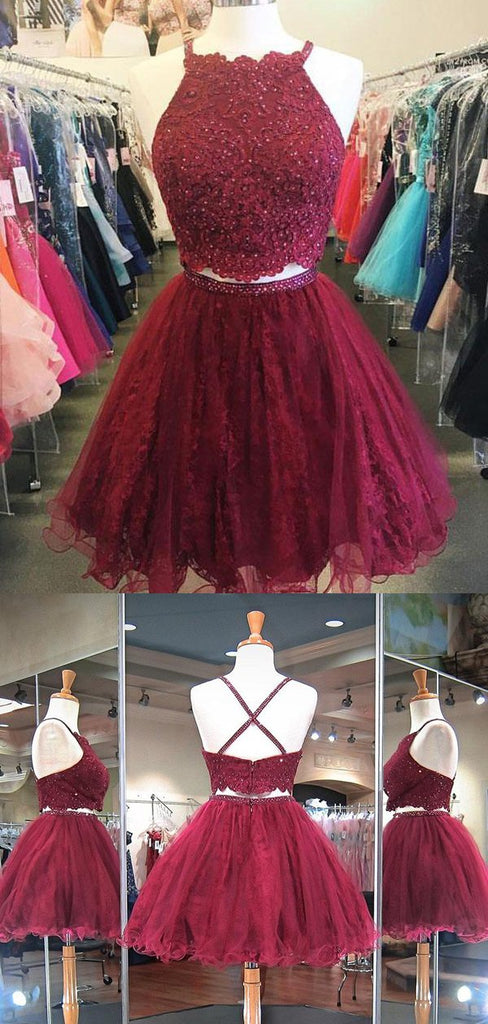Two Pieces Lace Top Criss-cross Tulle A Line Short Homecoming Dress, BTW233